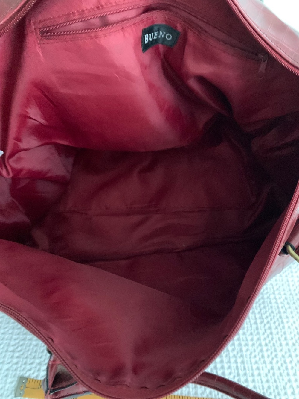 Bueno Red Tote Bag | Burgundy Textured Leather Tote | Dual Handles Gold Hardware - Picture 7 of 12